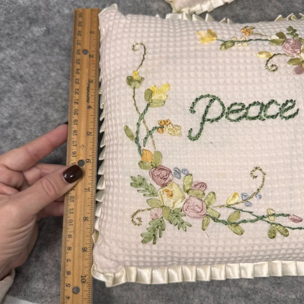 Vtg Joy Peace Pillows Waffle Knit Floral Embroidery 9x9 Satin Trim Cottagecore